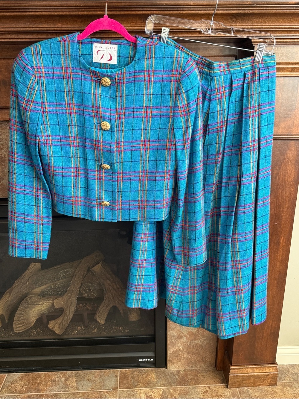 Vintage bold statement teal colorful plaid blazer skirt suit set Mid Century S/M